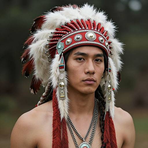 Photograph of a young Indigenous man with medium skin tone, wearing a red and white feathered headdress adorned with beads and silver ornaments, against a