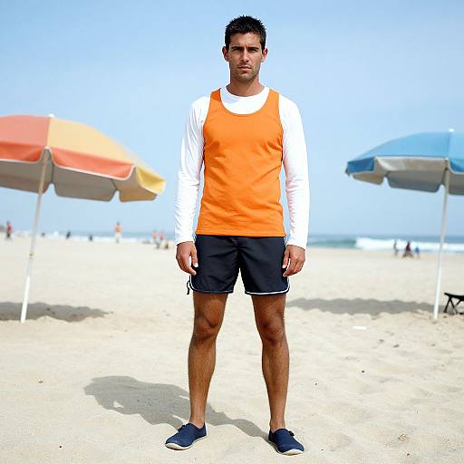 Photograph of a muscular man with short black hair, wearing an orange tank top over a white long-sleeve shirt, black shorts, and navy