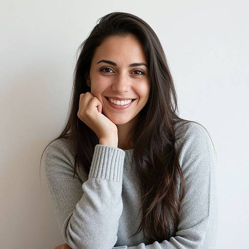 Photograph of a smiling young woman with long, dark brown hair, fair skin, wearing a light gray sweater, resting her chin on her hand against