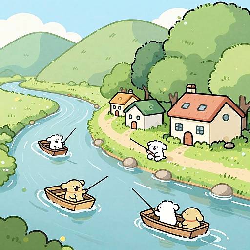 Cartoon-style illustration of four fluffy white dogs fishing in a winding river near a green, hilly countryside with two houses.