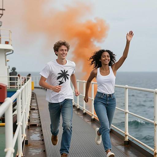 Young Couple Running on Industrial Ship