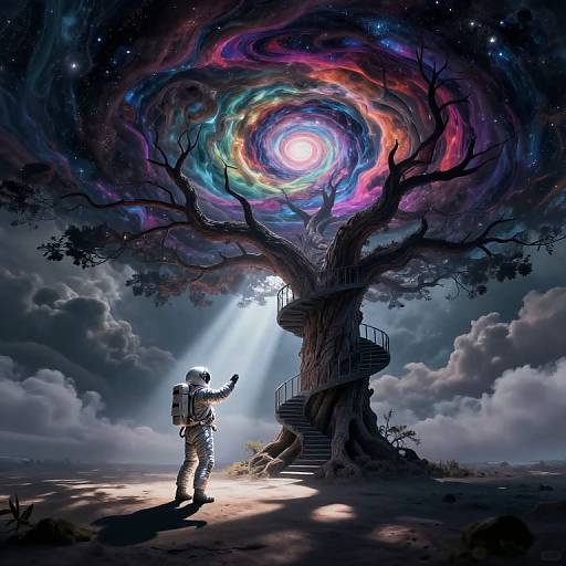 Digital artwork: Astronaut with backpack standing under a cosmic, colorful, glowing tree with a spiral vortex, beside a spiral staircase. Bright light beams down