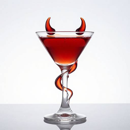 Photograph of a martini glass filled with red liquid, featuring two rising, red, ribbon-like splashes and a twisted, spiral base.