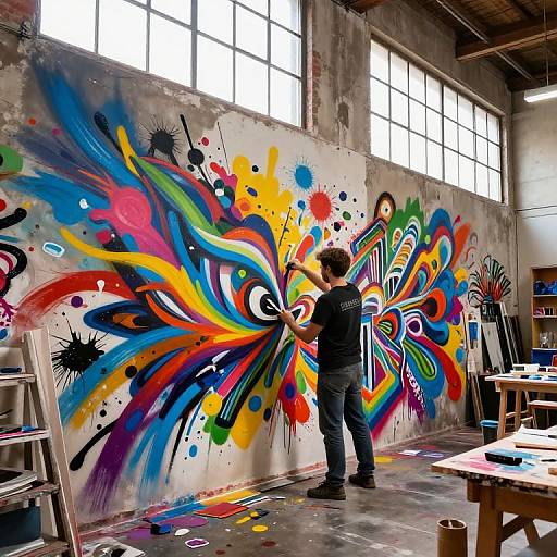 Photograph of a male artist in a black shirt, painting vibrant, abstract graffiti on a concrete wall in a sunlit warehouse studio.
