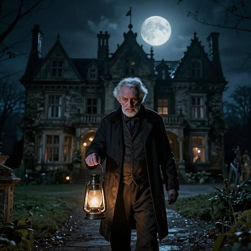Photograph of an elderly white man with white hair and beard, wearing a black coat, holding a lantern, standing in front of a gothic mansion
