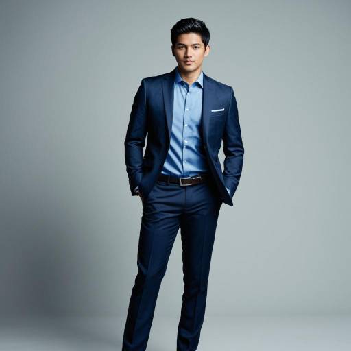 Young man in navy suit standing confidently
