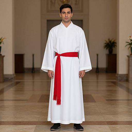 Photograph of a man with short black hair, medium skin tone, wearing a white karate gi with a red belt, standing in a spacious,