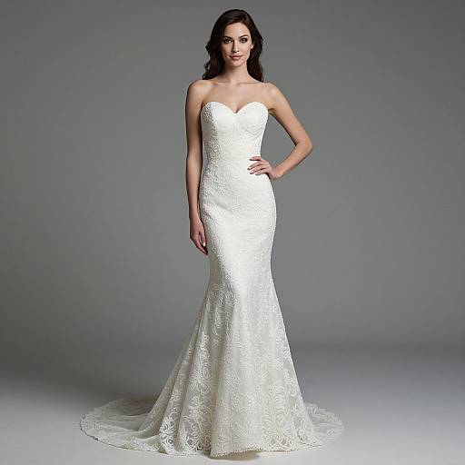 Photograph of a slim, dark-haired woman in a strapless, white lace mermaid wedding dress, standing against a plain gray backdrop.
