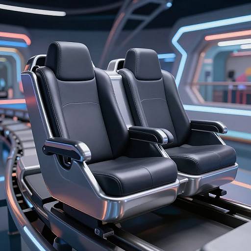 Photograph of sleek, black leather reclining seats with chrome accents, positioned on a futuristic, illuminated track in a sci-fi style environment.