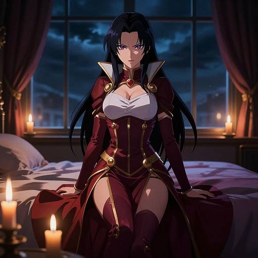 Anime-style digital artwork of a dark-haired woman with purple eyes, large breasts, and maroon and white dress, sitting on a bed with candles and
