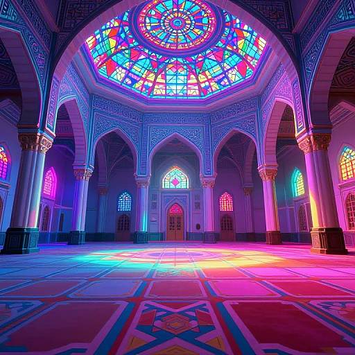 Photograph of a brightly lit, ornate mosque interior with vibrant, multicolored stained glass dome and windows, glowing against intricate geometric tile patterns on