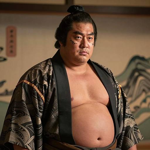 Photograph of a heavyset Asian man with black hair in a topknot, wearing a black patterned kimono, revealing his bare chest and