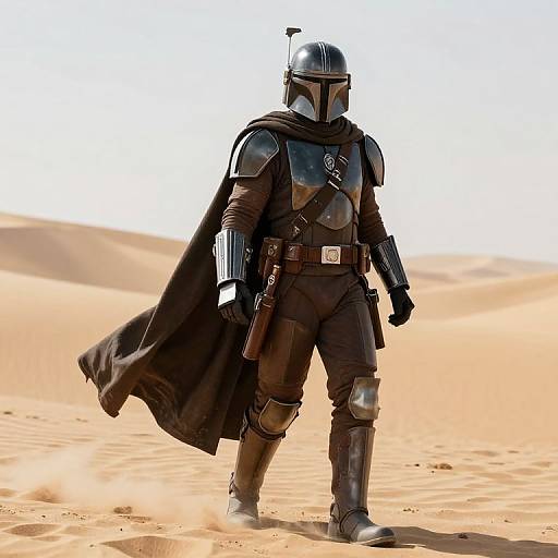 Photorealistic image of a Mandalorian warrior in black armor, helmet, and cape standing in a sunlit desert with rolling sand dunes.