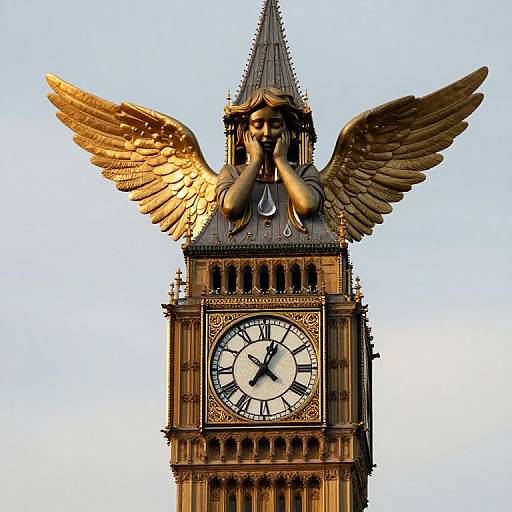 Photograph of Big Ben clock tower with golden wings and hands covering a surprised face, set against a clear blue sky.