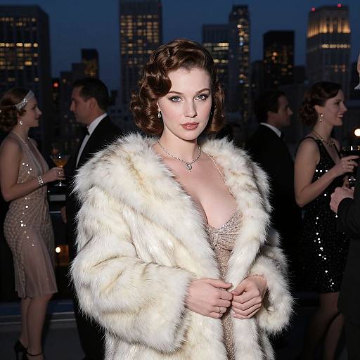 Photograph of a glamorous woman in a white fur coat, sparkling dress, and necklace, standing in an evening cityscape with other elegantly dressed people