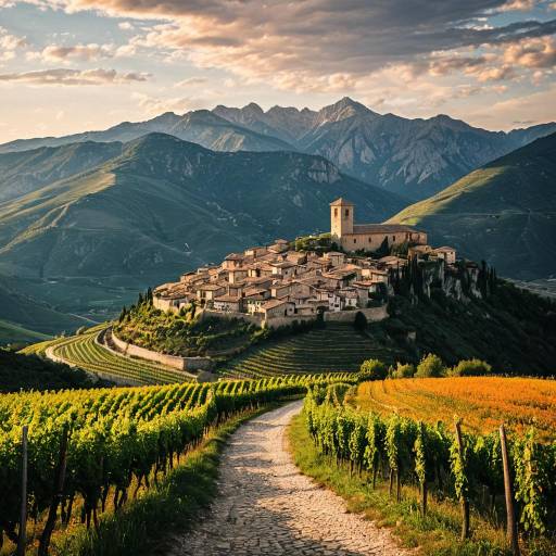 Medieval Italian Village with Vineyards and Apennine Mountains