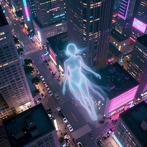 CGI image: Glowing blue ethereal woman floats above neon-lit, bustling city streets with cars and skyscrapers, creating a futuristic,