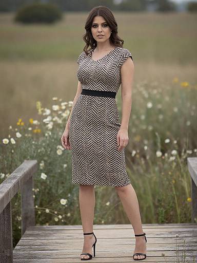 Photograph of a brunette woman in a black and white chevron dress, black belt, and black heels, standing on a wooden bridge with a field