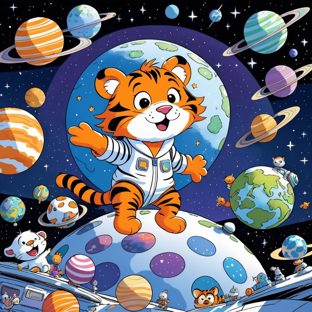 Playful Tiger's Space Adventure in Pajamas