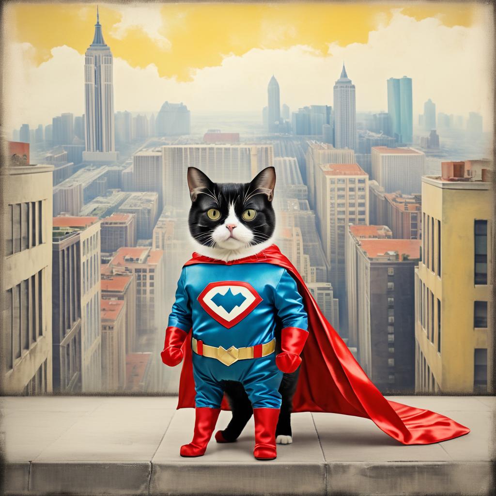 Superhero Cat in Vintage Cityscape Art