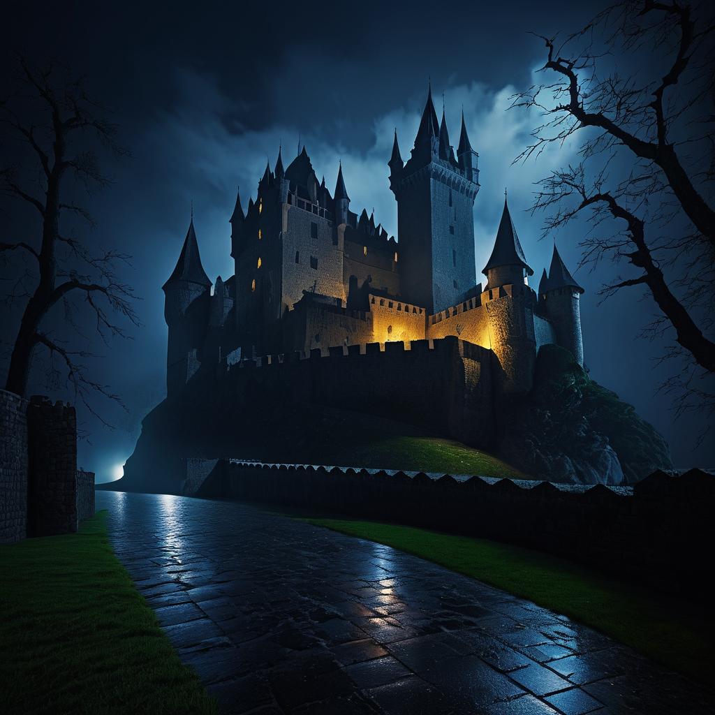 Eerie Medieval Castle on a Rainy Night