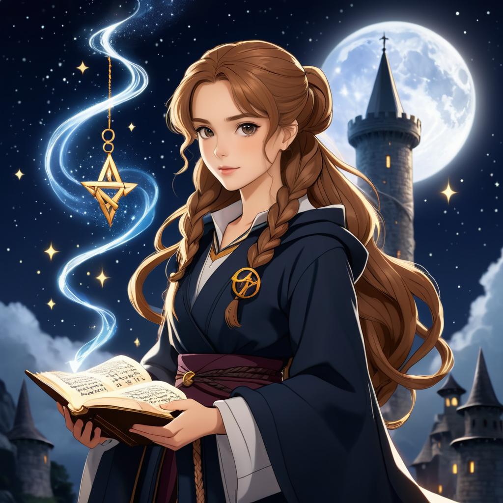 Anime Hermione in a Dark Wizard Tower