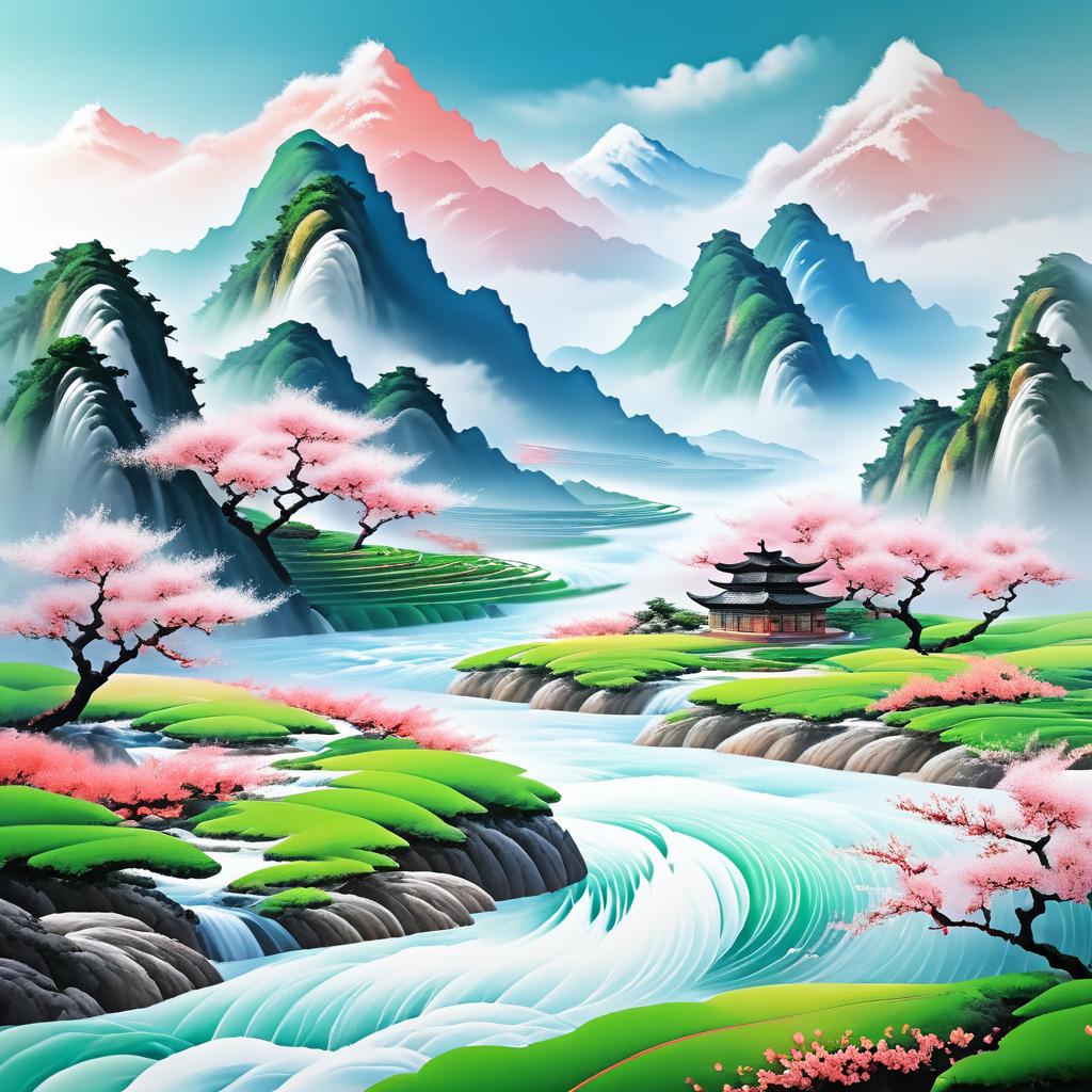 Stunning Peach Blossom Mountains in Oil Paint