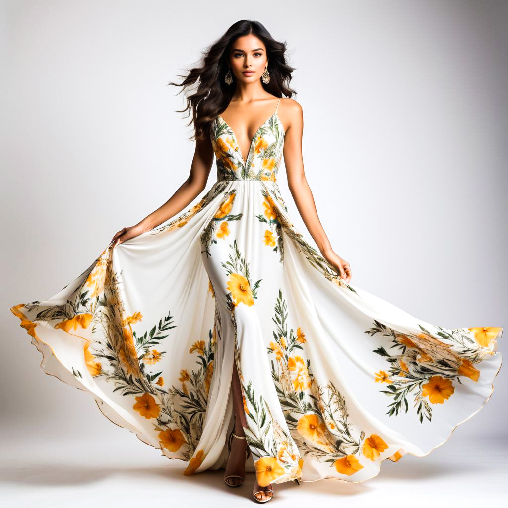 Elegant Mediterranean Woman in Floral Gown