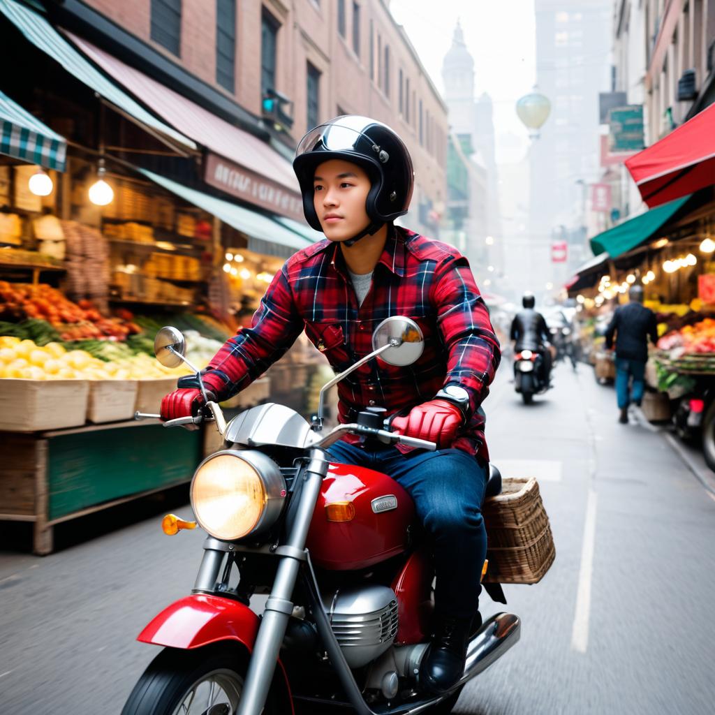 Classic Moped Rider in Vibrant Market