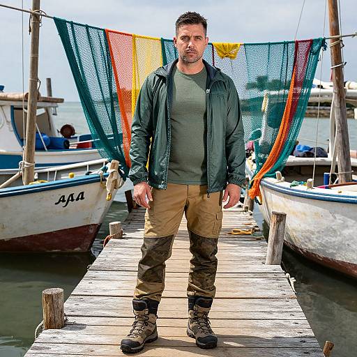 Photograph of a muscular man with short dark hair, green jacket, gray shirt, and tan cargo pants standing on a wooden dock, surrounded by colorful