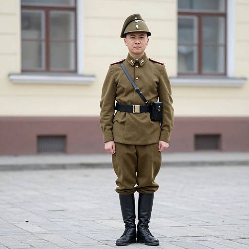 Photograph of a young boy in a brown military uniform with black boots and cap, standing on a paved courtyard against a beige and brown building.