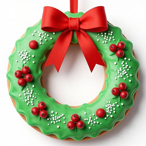Digital illustration of a festive Christmas wreath with green icing, red berries, white sprinkles, and a large red bow at the top.