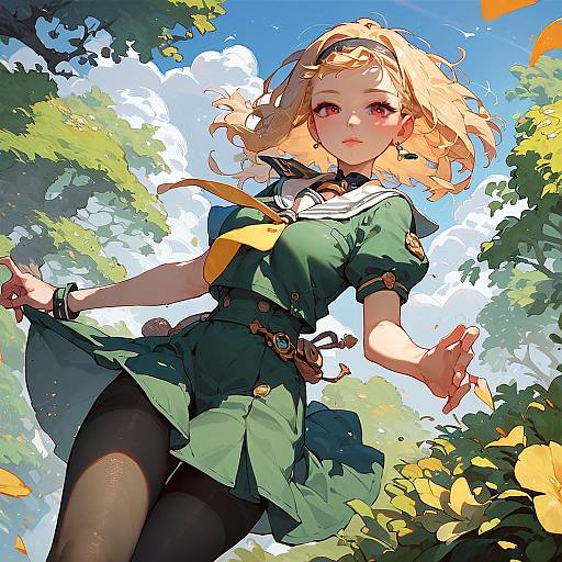 Anime Girl in Green Sailor Dress Outdoors