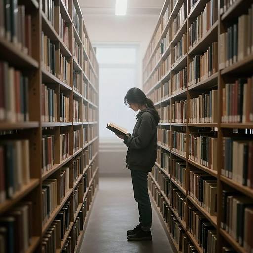 Photograph of a young Asian woman with long black hair, wearing a dark hoodie and pants, standing in a long library aisle, reading a book between