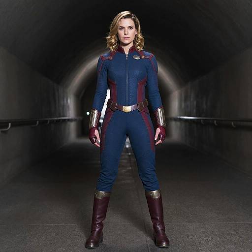 Woman in Blue and Red Futuristic Suit in Tunnel