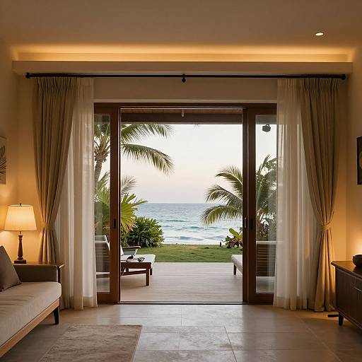 Photograph of a luxurious indoor living room with open glass doors leading to a tropical beach view, framed by beige curtains.