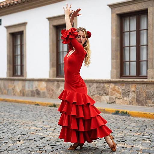 Flamenco Dancer in Red Dress on Cobblestone Street