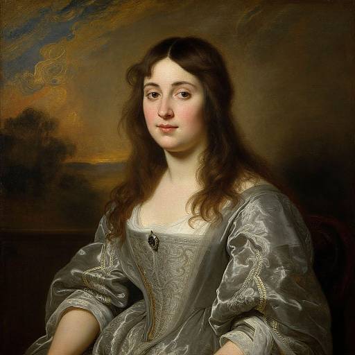 18th-century portrait of a fair-skinned woman with long brown hair, wearing an ornate silver-gray dress with intricate patterns, against a dark,