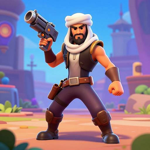 CGI cartoon of a muscular, bearded man in white headscarf, black vest, pants, and boots, holding a large black gun,