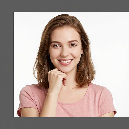 Photograph of a smiling young Caucasian woman with straight brown hair, wearing a pink shirt, against a plain white background.