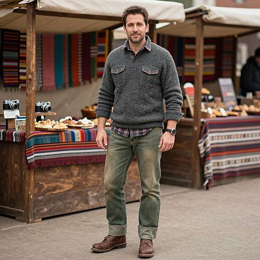Photograph of a bearded man with short dark hair, wearing a dark gray sweater, green jeans, and brown shoes, standing at an outdoor market