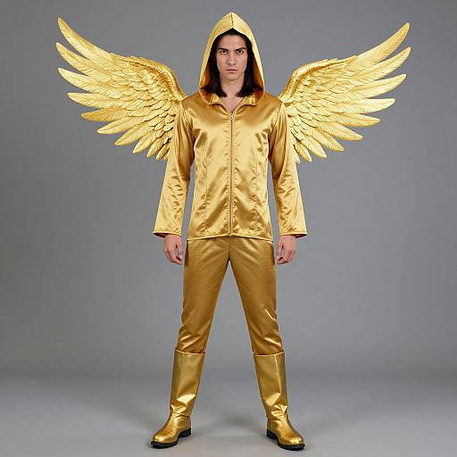Photograph of a man with long dark hair wearing a golden hooded jumpsuit, matching gold boots, and large gold angel wings against a plain gray