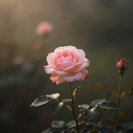 Close-up photograph of a single pink rose in full bloom, with soft sunlight highlighting its petals, and blurred green foliage in the background.