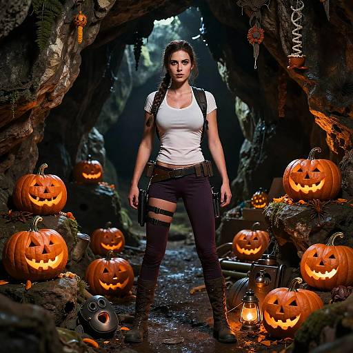 Lara Croft Halloween in Cave with Jack-o'-Lanterns