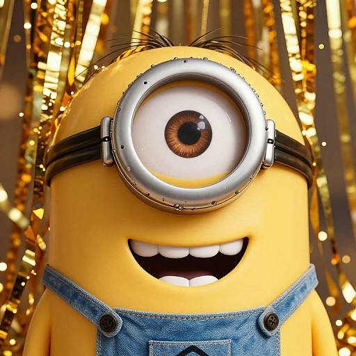 Photograph of a Minion toy with a single, large, brown-eyed lens on its head, yellow skin, blue overalls, and a smiling
