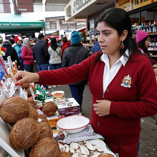 Photograph of a Latina woman with dark hair, wearing a red cardigan and white shirt, selling coconuts at a bustling outdoor market.
