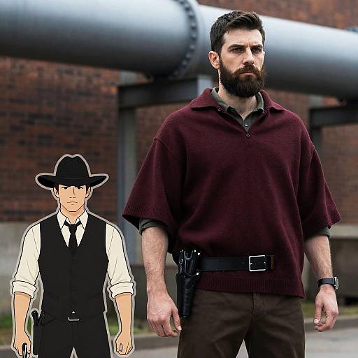 Bearded Man with Gun Holster by Industrial Pipe