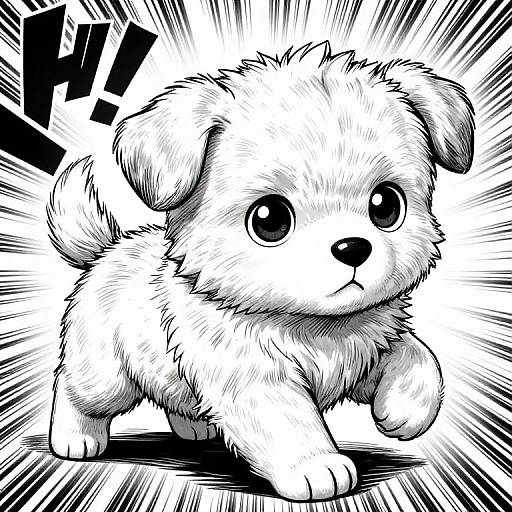 Cute, fluffy, black-and-white manga-style puppy with big, expressive eyes and a surprised expression, surrounded by dynamic, radiating lines.