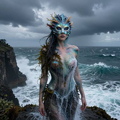 Photograph-style digital art of a wet, sea-themed mermaid-like woman with colorful mask, flowing hair, and seaweed-covered body, standing on