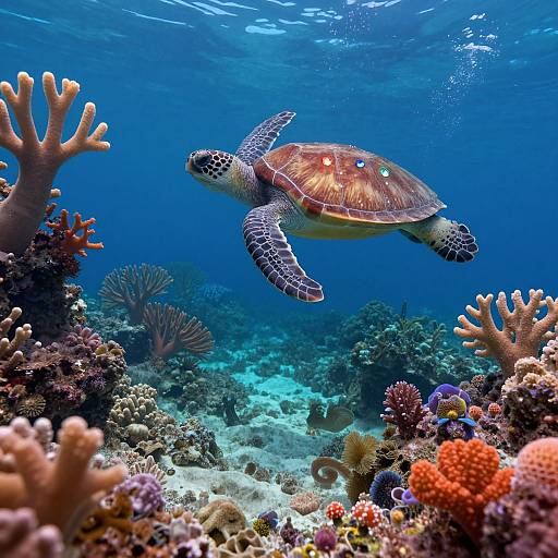 Photograph of a vibrant sea turtle with a patterned shell swimming gracefully above a colorful coral reef underwater, surrounded by various corals and marine life in